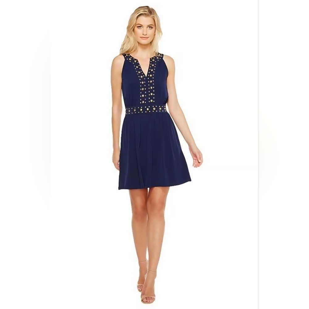 MICHAEL Michael Kors Split Neck Dome Studded Band Mini Dress Navy Gold Sz Large